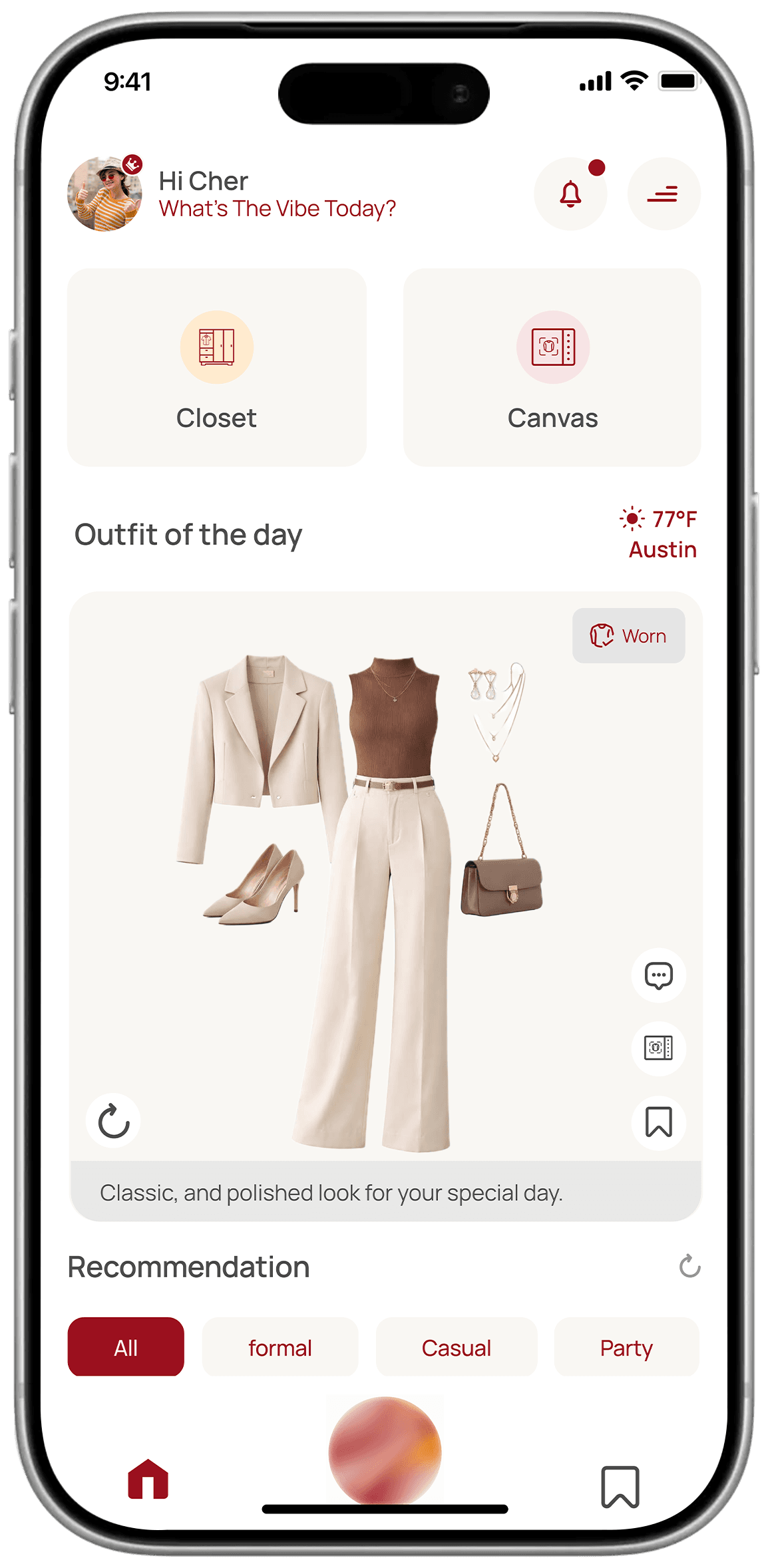 StyliQ AI closet app home screen with outfit of the day