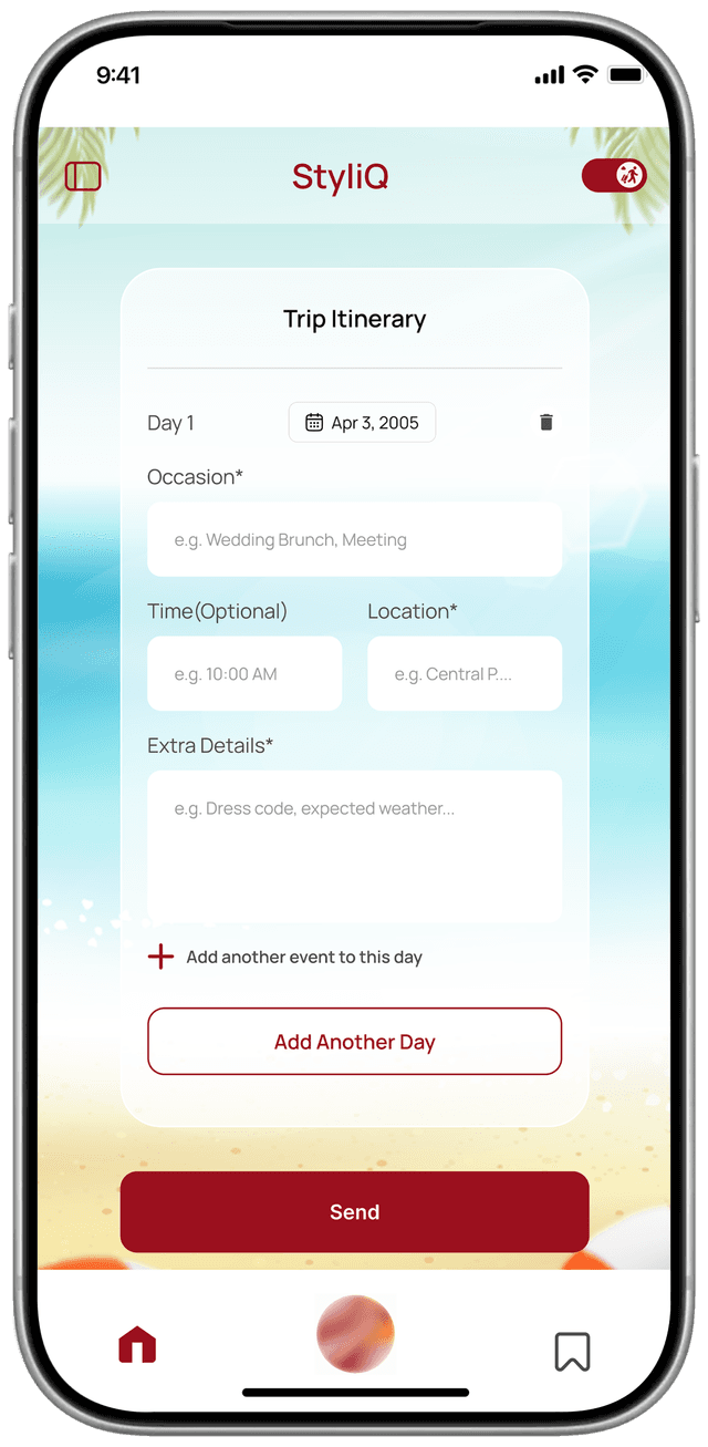 StyliQ trip planner — enter destination for a smart packing list for vacation