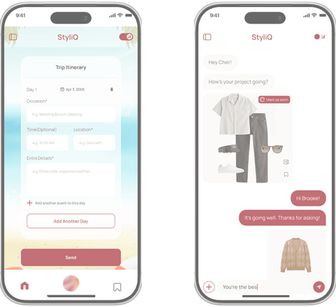 StyliQ AI stylist chat panels with outfit feedback